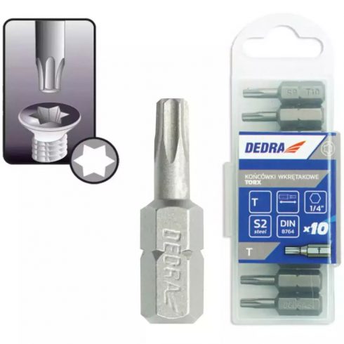 DEDRA Csavarhúzó bitek Torx T10x25mm, 10db műanyag doboz. 18A03T100-10